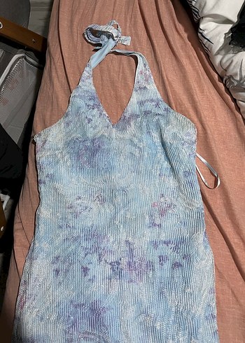 Mavi Batik Desenli Uzun Halter Yaka Elbise - Görsel 5