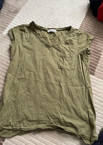 V Yaka Kısa Kollu Kadın Keten Tişört - Görsel 2