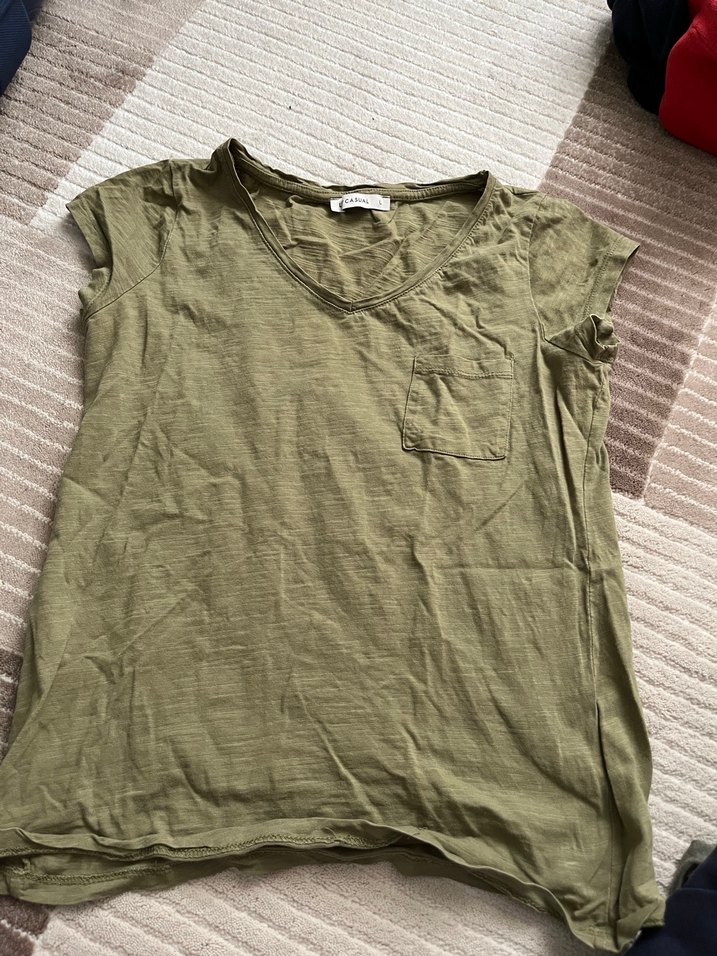 V Yaka Kısa Kollu Kadın Keten Tişört - Görsel 2