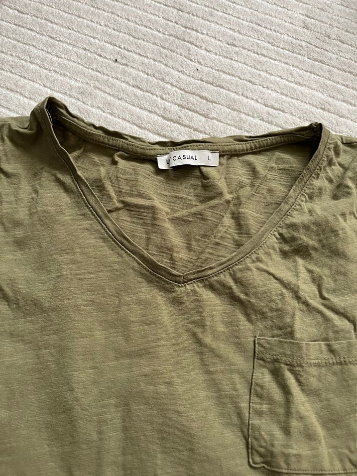V Yaka Kısa Kollu Kadın Keten Tişört - Görsel 3