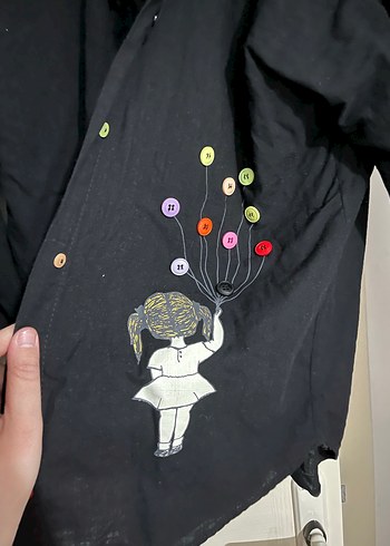 Nakışlı Siyah Kadın Keten Gömlek - Görsel 2