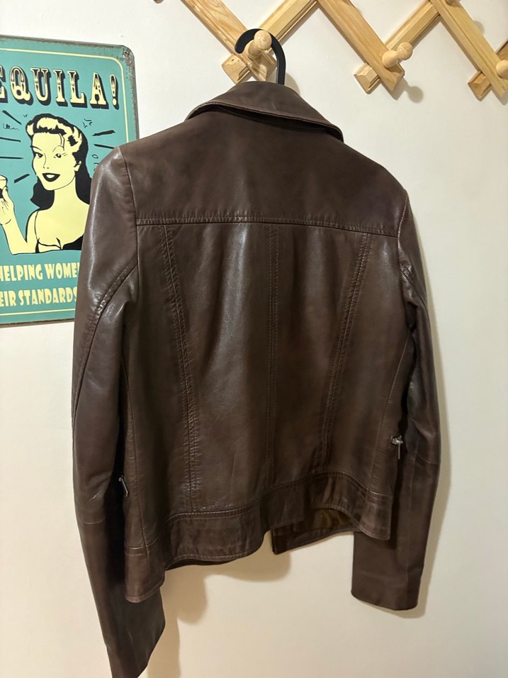 Kahverengi Deri Biker Ceket - Görsel 2