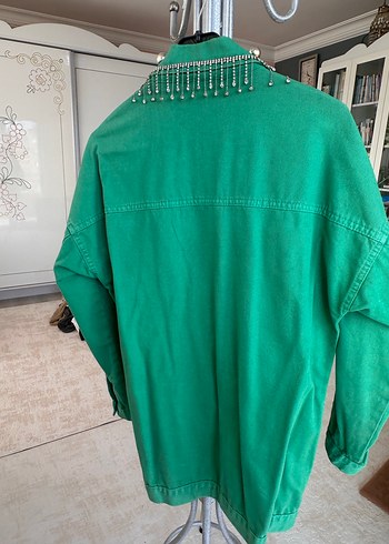 36 Beden yeşil Renk Zincir Detaylı Yeşil Denim Ceket