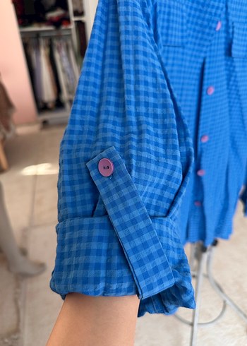 H&M Mavi Düğmeli Keten Kadın Gömlek Pantolon takım