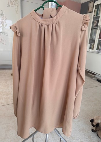 Bej Uzun Kollu Fırfırlı Salaş Tunik pantolon takım