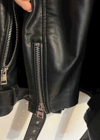 Siyah Kadın Kemerli Deri Biker Ceket - Zara - Görsel 4