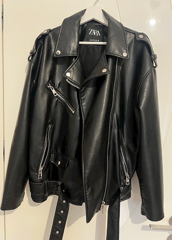 Siyah Kadın Kemerli Deri Biker Ceket - Zara - Görsel 3