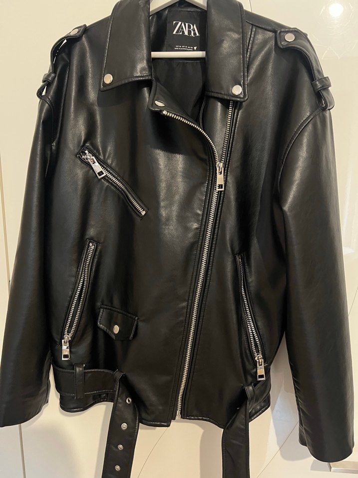 Siyah Kadın Kemerli Deri Biker Ceket - Zara - Görsel 2