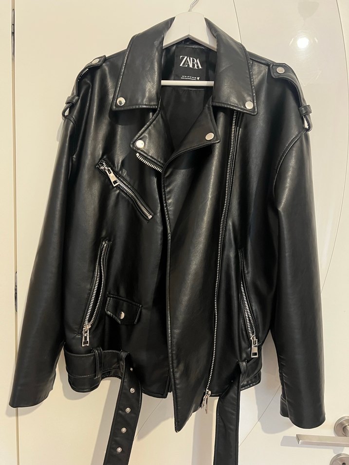 Siyah Kadın Kemerli Deri Biker Ceket - Zara - Görsel 3