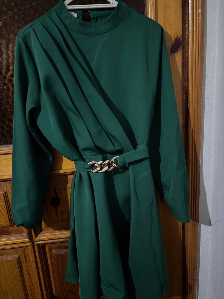 Uzun Kollu Parlak Yeşil Kadın Tunik Takım - Görsel 2