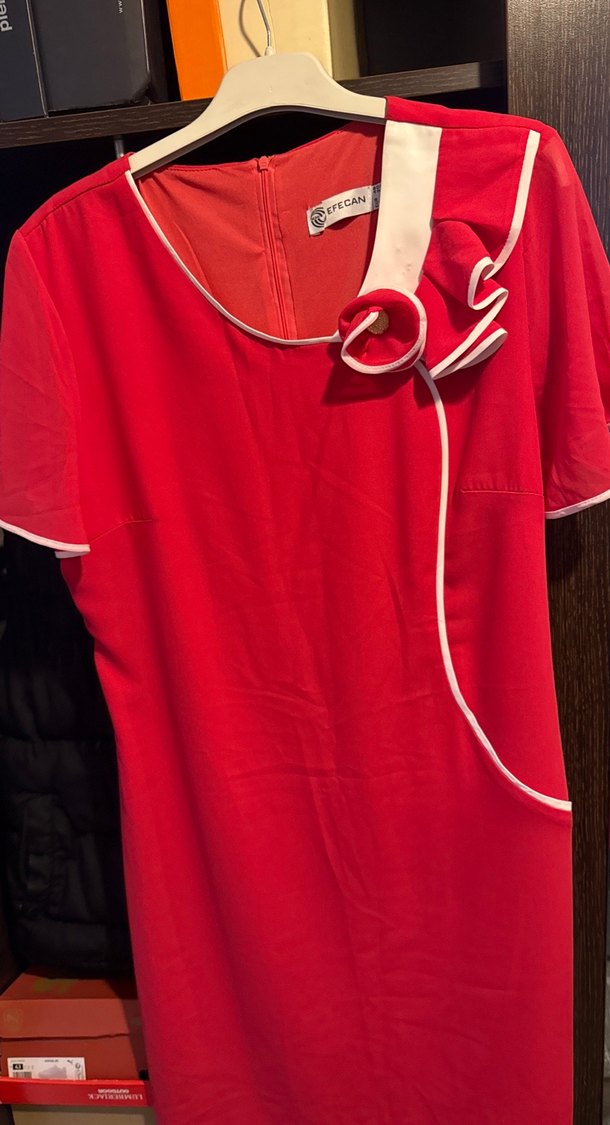 Kırmızı Saten Hamile Midi Elbise - Görsel 2