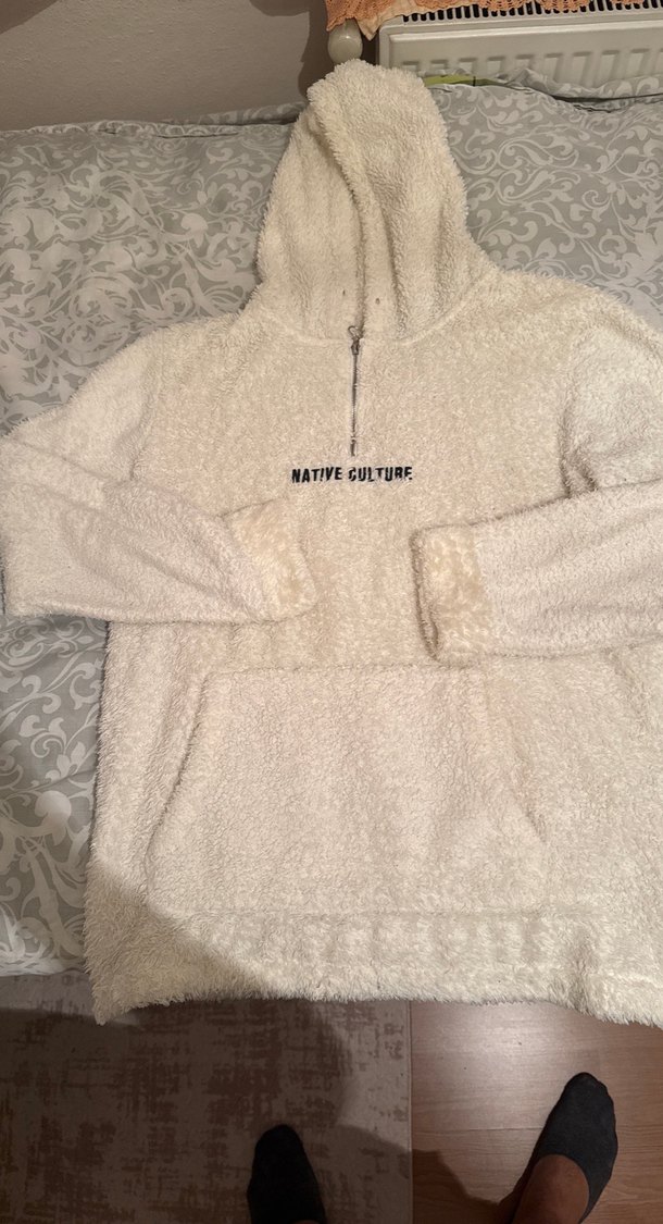 Kapüşonlu Beyaz Peluş Sweatshirt - Görsel 2