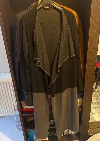 Gri Midi Rahat Kesim Kadın Keten Kaban - Görsel 3