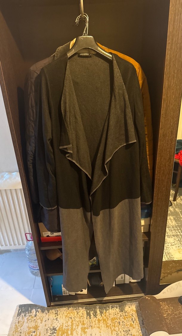 Gri Midi Rahat Kesim Kadın Keten Kaban - Görsel 3