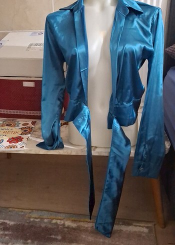 Parlak Mavi Drapeli V Yaka Kadın Gömlek xs-s-m - Görsel 3