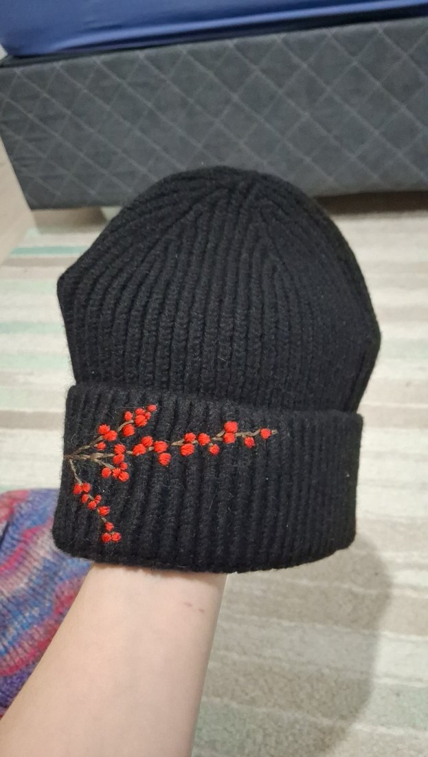 Nakışlı Siyah Örgü Kadın Bere sıfır ürün el işlemesi - Görsel 2