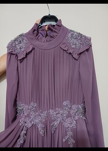 lila Uzun Kollu İşlemeli Kadın Abiye Elbise - Görsel 5