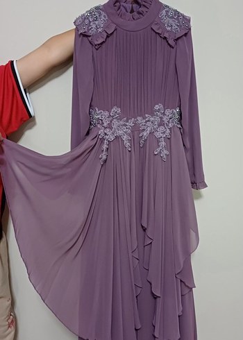 lila Uzun Kollu İşlemeli Kadın Abiye Elbise - Görsel 2