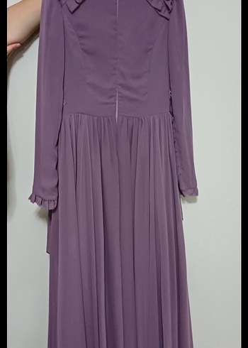 lila Uzun Kollu İşlemeli Kadın Abiye Elbise - Görsel 4