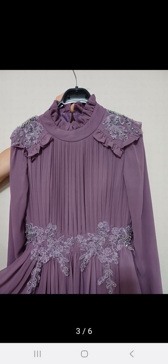 lila Uzun Kollu İşlemeli Kadın Abiye Elbise - Görsel 5