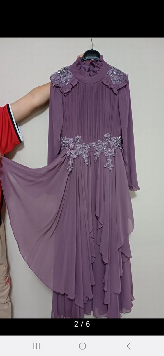 lila Uzun Kollu İşlemeli Kadın Abiye Elbise - Görsel 2