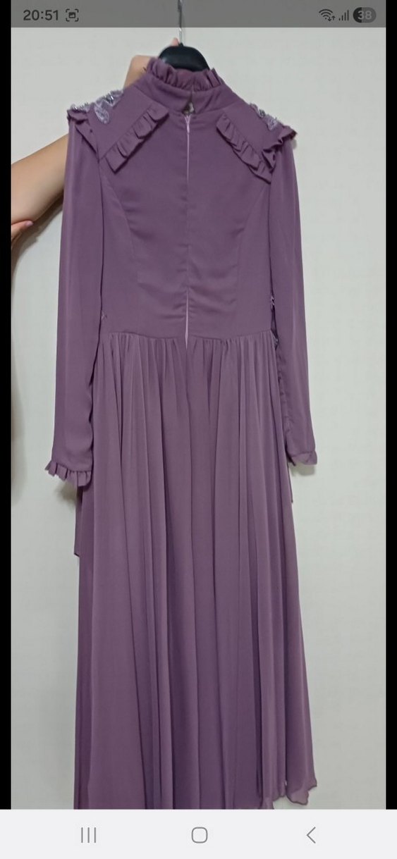 lila Uzun Kollu İşlemeli Kadın Abiye Elbise - Görsel 4