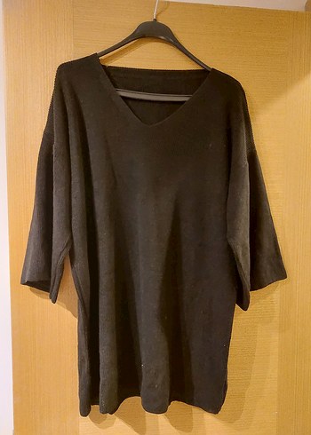 Siyah V Yaka Kadın Triko Bol kesim Elbise - Görsel 2