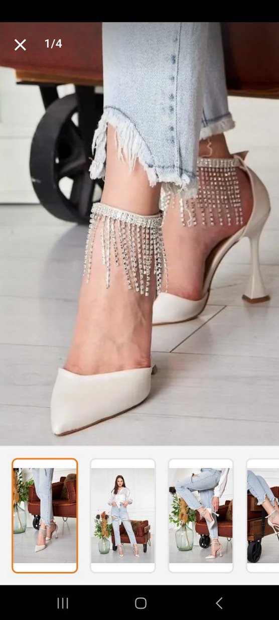 Zincir Detaylı Sedef Saten Stiletto Topuklu Ayakkabı - Görsel 2