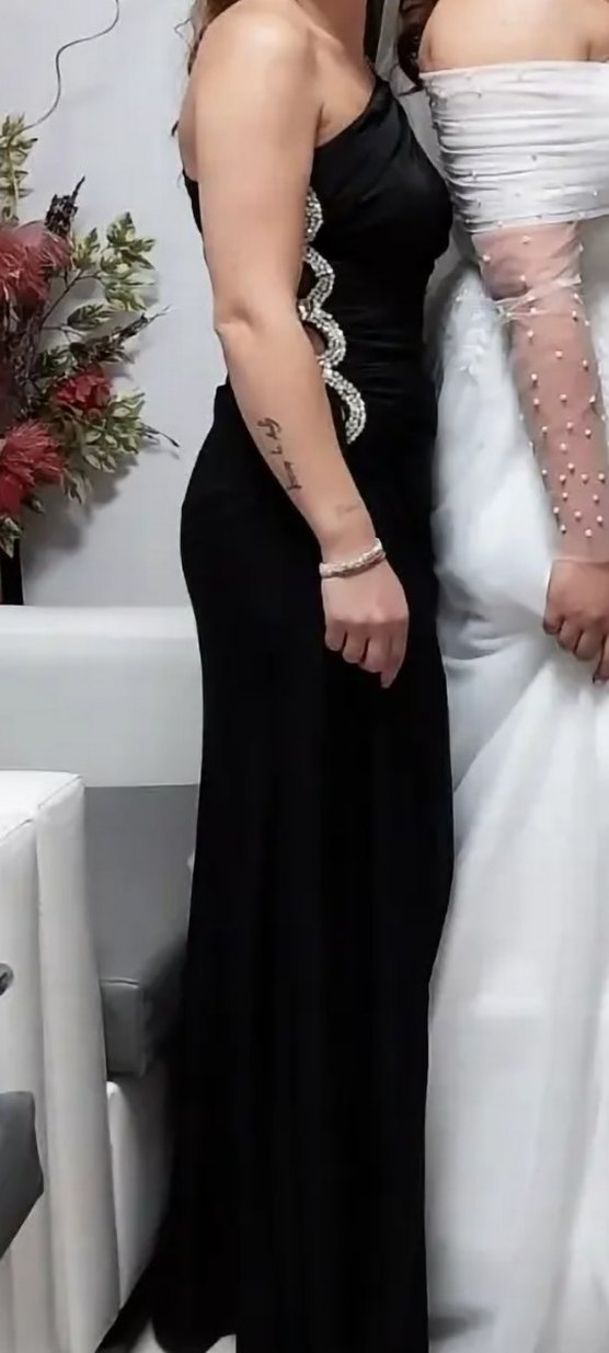 Siyah Drapeli Buzy Kumaş Uzun Abiye Elbise - Görsel 4