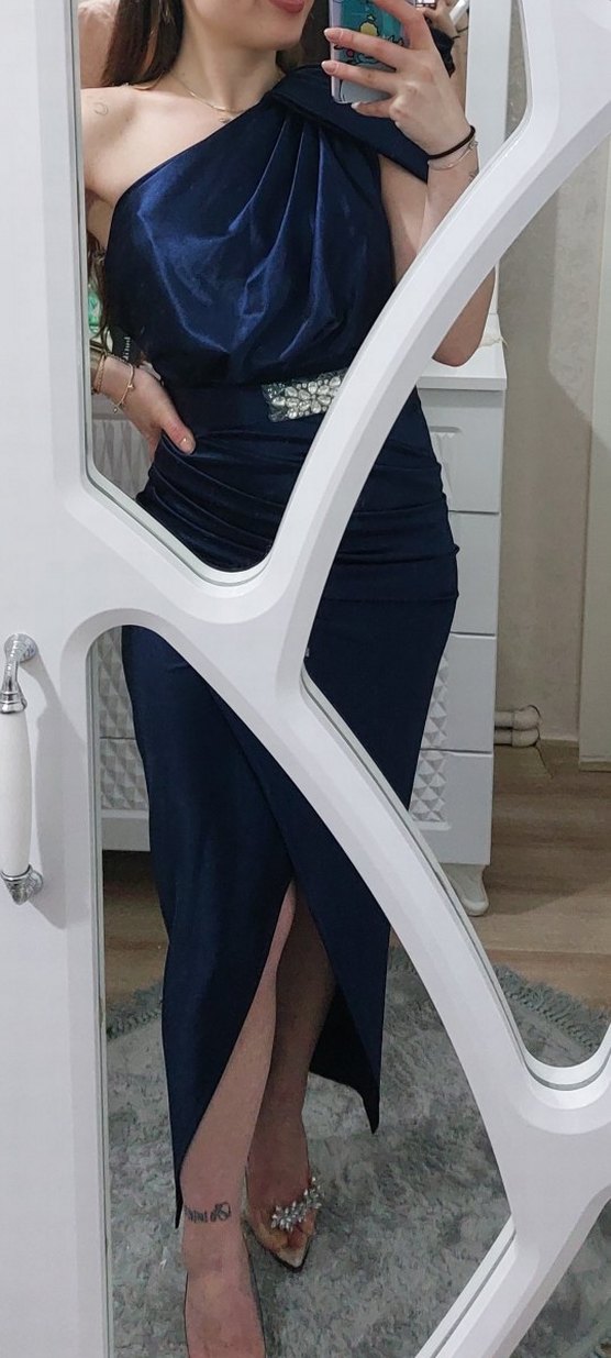 Kadın Lacivert Drapeli Uzun Abiye Elbise - Görsel 2