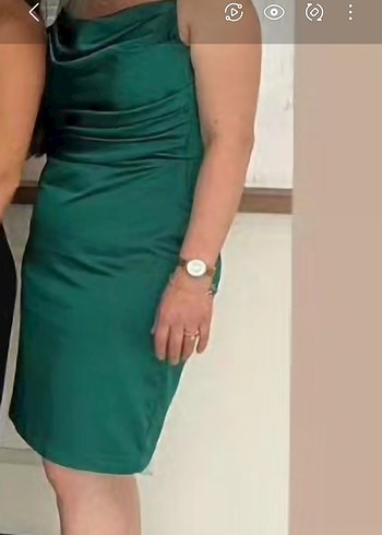 Yeşil Drapeli Saten Midi Elbise - Görsel 2