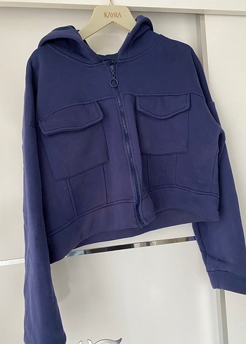 Kapüşonlu Fermuarlı Kısa Lacivert Sweatshirt - Görsel 2