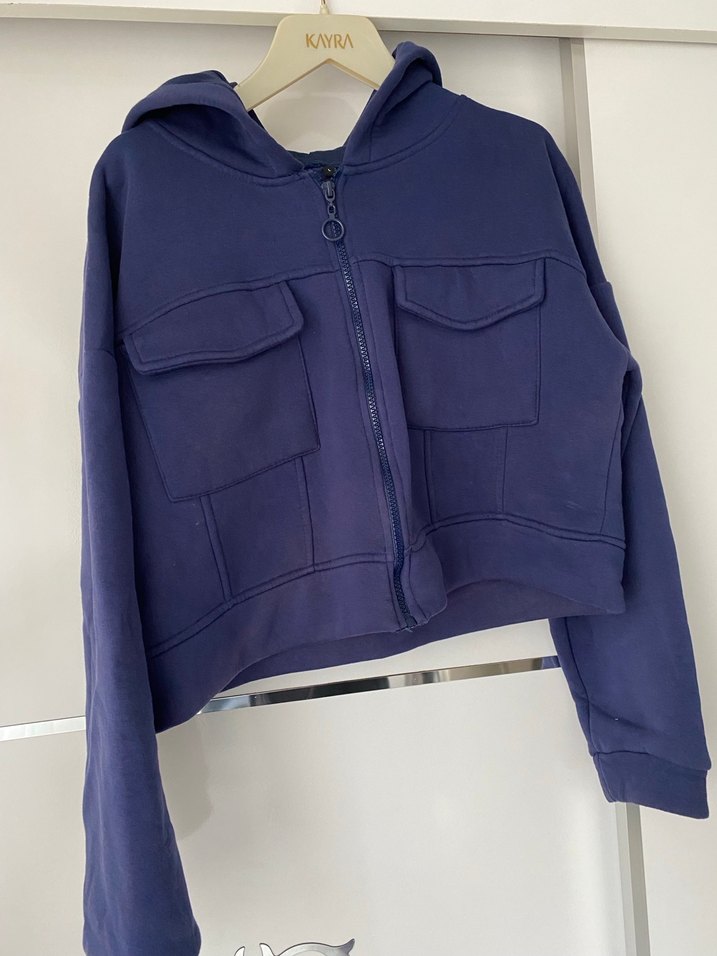 Kapüşonlu Fermuarlı Kısa Lacivert Sweatshirt - Görsel 2