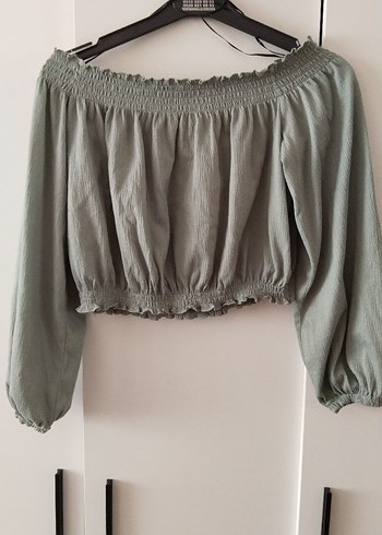 Düğmeli, Uzun Kollu, Haki Keten Mini Bluz, - Görsel 2