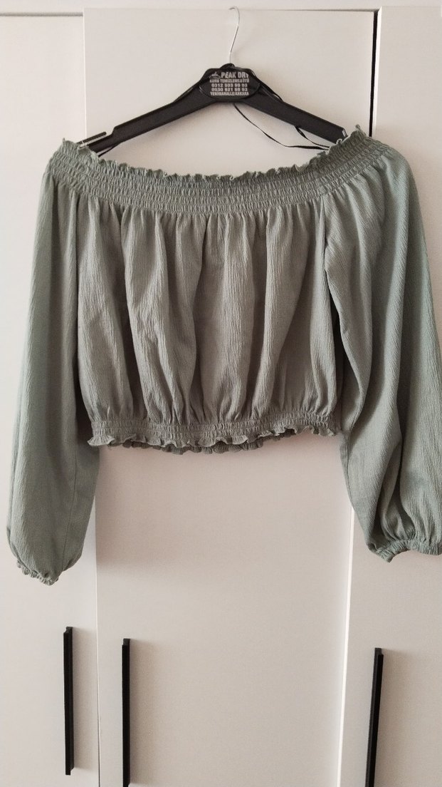 Düğmeli, Uzun Kollu, Haki Keten Mini Bluz, - Görsel 2