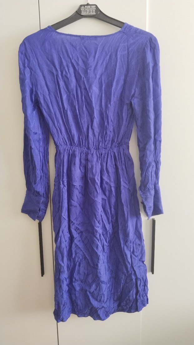 Mor V Yakalı Uzun Kollu Keten Elbise - Görsel 2