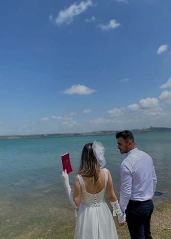 Uzun Kollu Straplez Beyaz A Kesim Gelinlik - Görsel 3