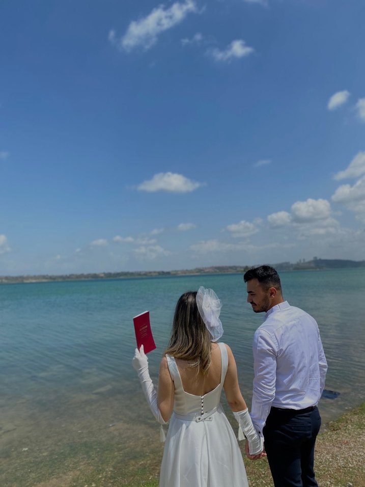 Uzun Kollu Straplez Beyaz A Kesim Gelinlik - Görsel 3