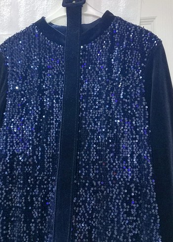 Lacivert Uzun Kollu Payetli Abiye Elbise - Görsel 2