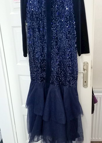 Lacivert Uzun Kollu Payetli Abiye Elbise - Görsel 3