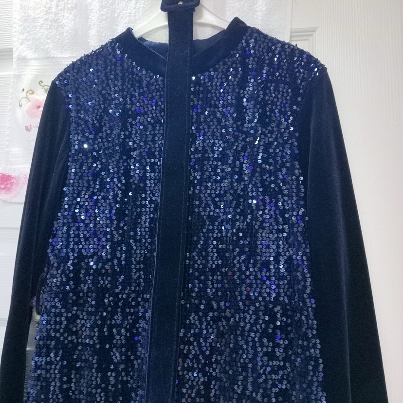 Lacivert Uzun Kollu Payetli Abiye Elbise - Görsel 2