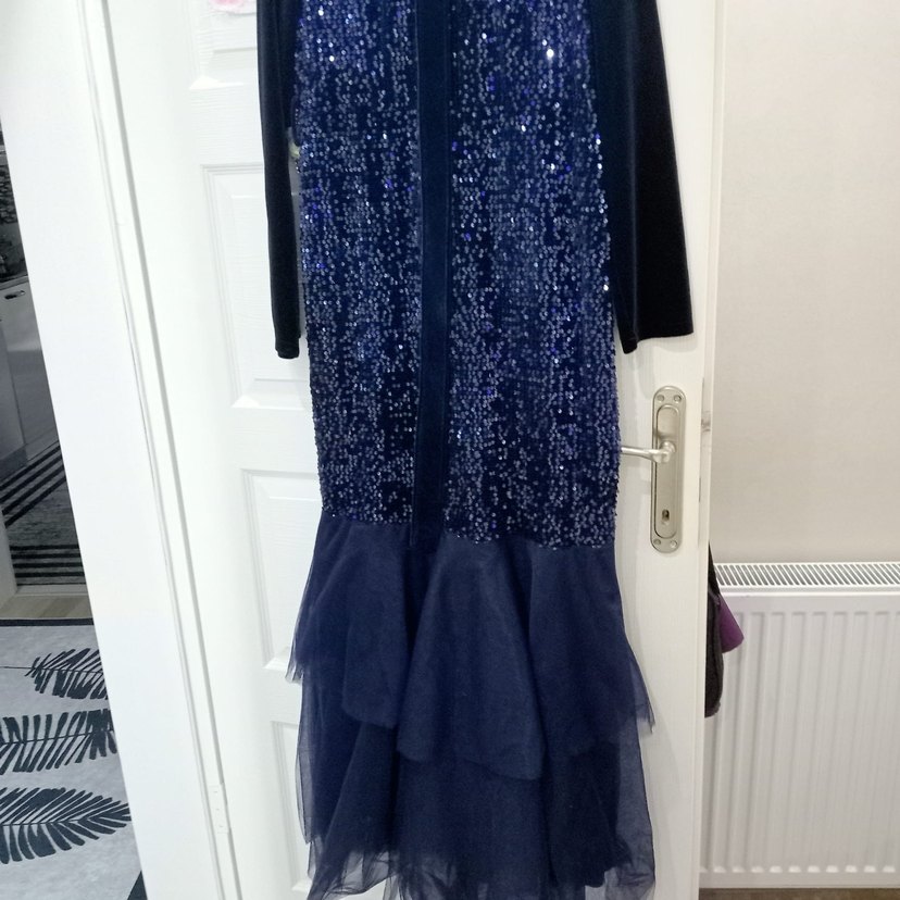 Lacivert Uzun Kollu Payetli Abiye Elbise - Görsel 3