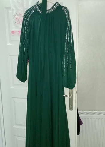 Yeşil İşlemeli Uzun Kollu Bohem Abiye Elbise - Görsel 2