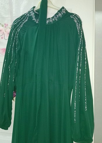 Yeşil İşlemeli Uzun Kollu Bohem Abiye Elbise - Görsel 3