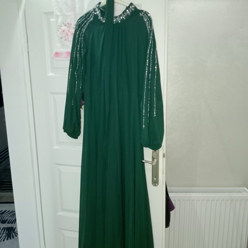 Yeşil İşlemeli Uzun Kollu Bohem Abiye Elbise - Görsel 2