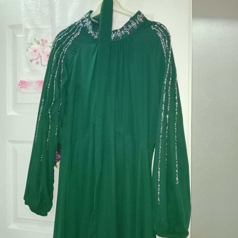 Yeşil İşlemeli Uzun Kollu Bohem Abiye Elbise - Görsel 3