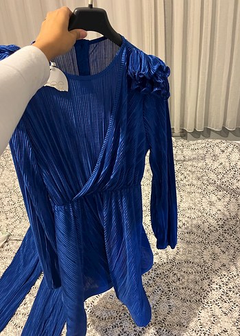 Kadın Mavi Keten Pilili Uzun Kollu Tulum - Görsel 3