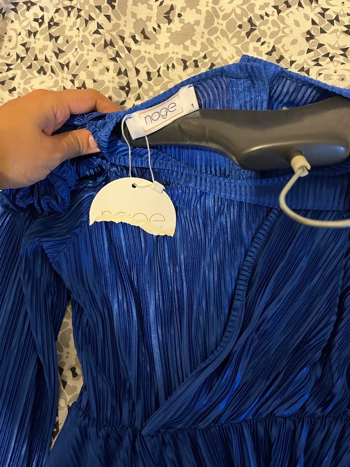 Kadın Mavi Keten Pilili Uzun Kollu Tulum - Görsel 2