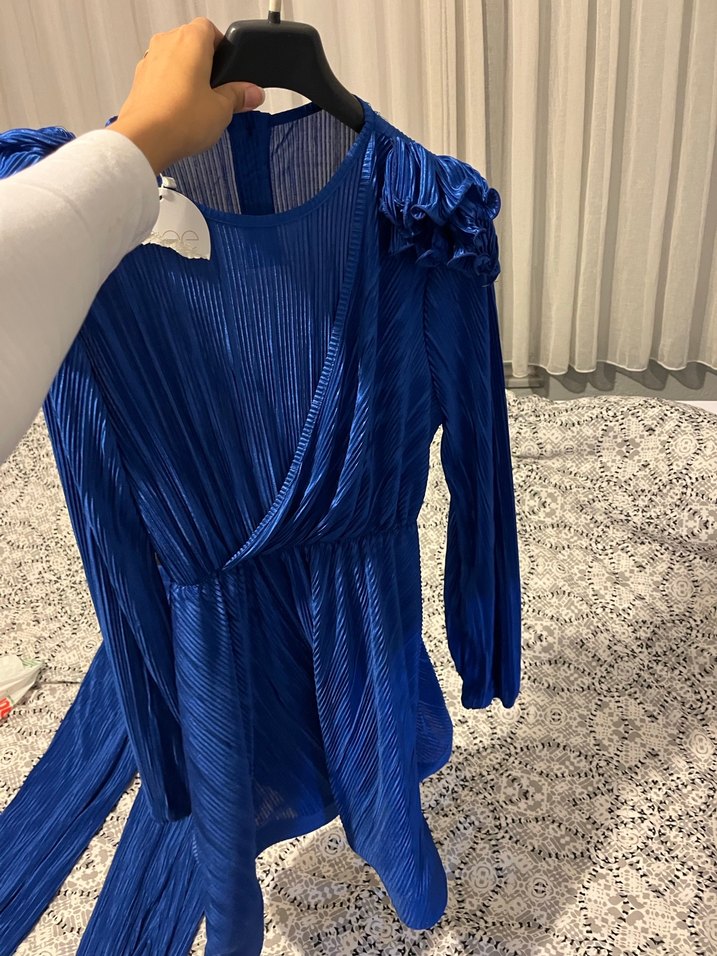 Kadın Mavi Keten Pilili Uzun Kollu Tulum - Görsel 3