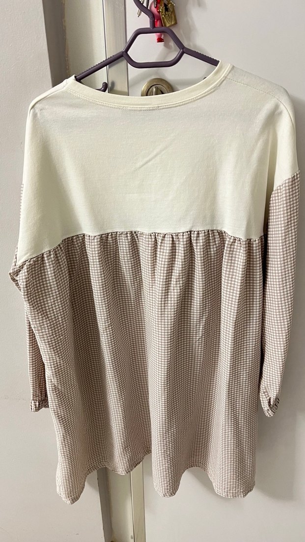 Bej Kadın Pamuklu Pilili Uzun Kollu Tunik - Görsel 3